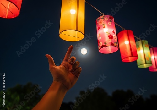 Midautumn festival a hand reaches up towards a string of colorful illuminated lanterns against a dark night sky with a full moon visible