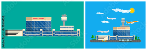 A flat style vector illustration of an airport terminal with control tower and flying planes for travel and transportation.
