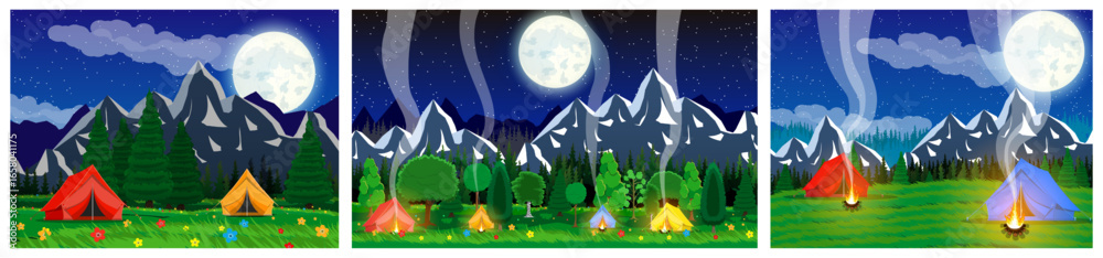 Fototapeta premium Night camping landscape with colorful tents and bonfires in mountains. Outdoor adventure concept for travel and summer holiday vacation.