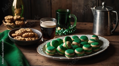 St Patrick`s holiday party - background wooden table with cookies and beer. 