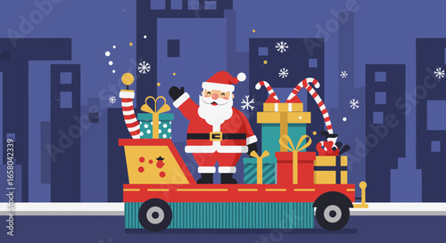 Santa Claus waves from a Christmas parade float in a stylized city scene