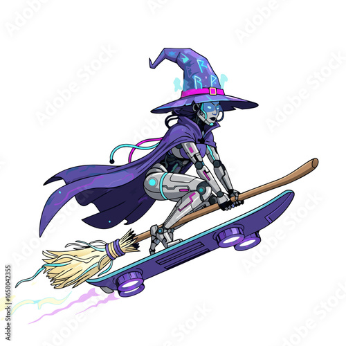 Robotic cyber witch flying on neon hoverboard with magic aura