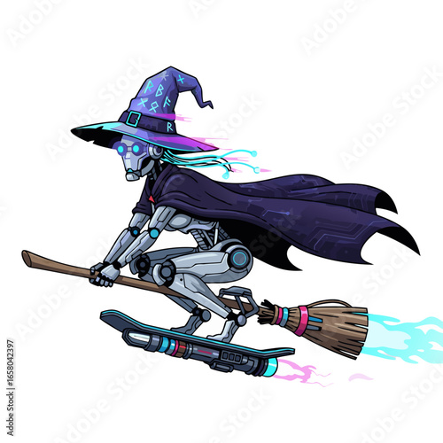 Robotic cyber witch flying on neon hoverboard with magic aura