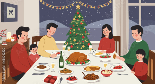 Family gathers for Christmas dinner around festive table with tree view
