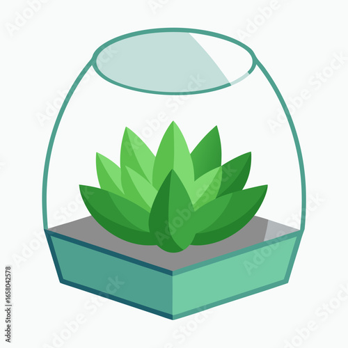 A beautifully illustrated succulent terrarium with various green plants in a clear glass container on a clean white background