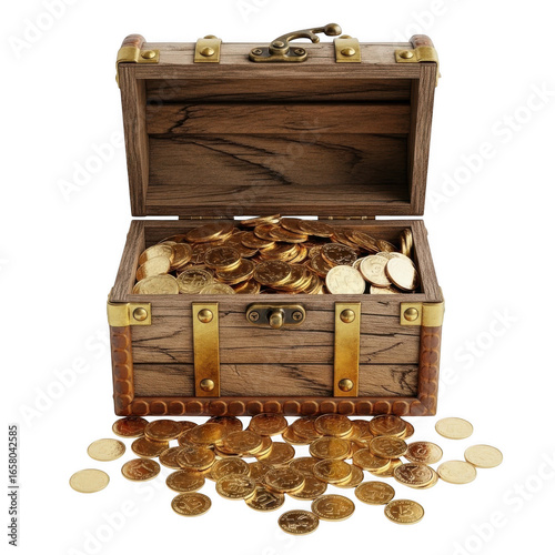 Rustic wooden treasure chest overflowing with golden coins and scattered treasures transparent background