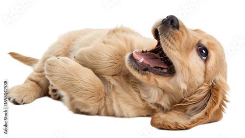 High-resolution studio photograph of a cute golden cocker spaniel puppy lying on its back, playful and happy expression with wide eyes and open mouth