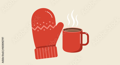 Cozy winter scene with red mitten and steaming mug of hot chocolate