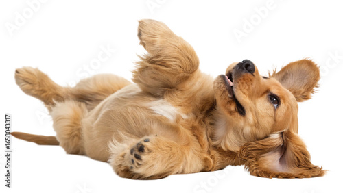 High-resolution studio photograph of a cute golden cocker spaniel puppy lying on its back, playful and happy expression with wide eyes and open mouth