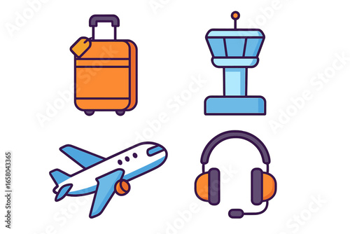 Aviation icon collection. Air travel symbols with luggage, control tower, airplane, and pilot headset. Vibrant minimalist cartoon style. Vector illustration for flight concept.