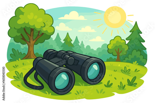 Binoculars for nature observation on a hiking trip. Vector cartoon illustration of outdoor adventure. Concept of exploration, discovery, travel, tourism in a summer forest landscape.