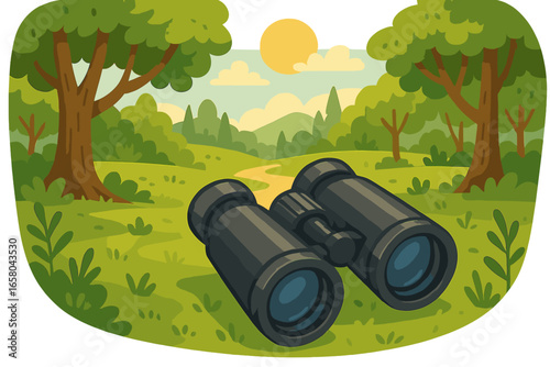 Binoculars for nature observation on a hiking trip. Concept of exploration, birdwatching, and adventure. Vector cartoon illustration of a summer forest landscape with sun.