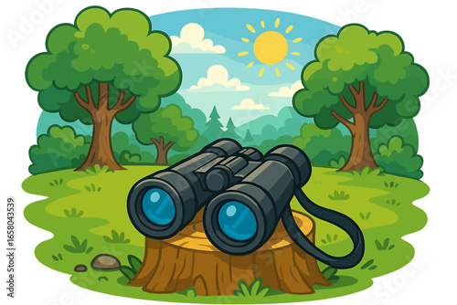Binoculars on tree stump for nature observation, bird watching, and discovery. Vector concept for hiking, travel, tourism, and exploration in a forest or park on a sunny day.