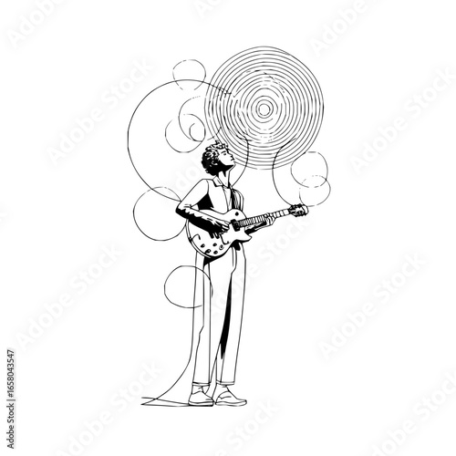 Guitarist with circles and lines illustration in black and white artistic style drawing vector