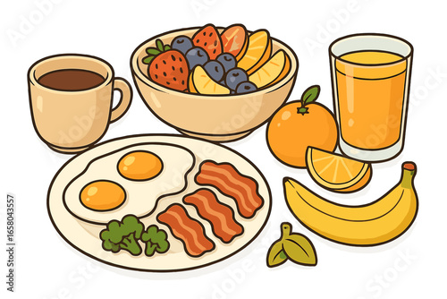 Healthy breakfast food set vector illustration. Cartoon clipart collection of morning meal with fried egg, bacon, fruit salad, coffee, and orange juice. Nutritious brunch concept.