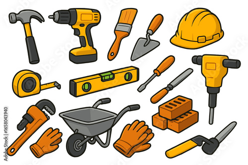 Vector set of construction tools and equipment for building, repair, and renovation. Cartoon illustration with hammer, drill, hard hat for DIY projects and industrial work.