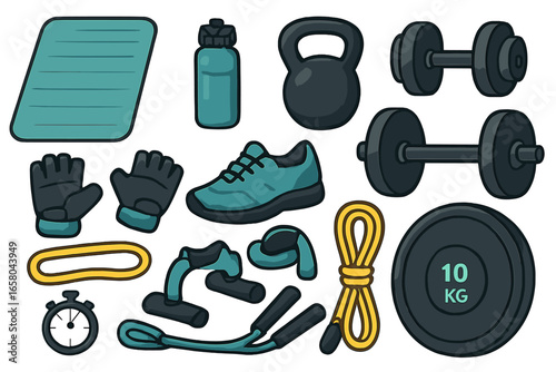 Fitness equipment and gym accessories set. Vector cartoon illustration of sport items for workout and training. Dumbbell, kettlebell, mat, bottle, skipping rope icons.