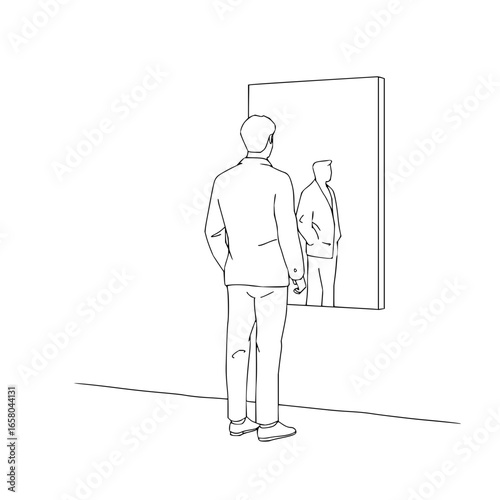 Man looking at reflection in mirror contemplating identity and self perception in monochrome art style