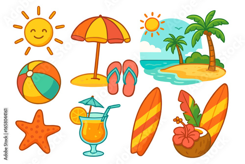 Summer beach elements set. Tropical vacation icons. Cartoon vector illustration. Sun, palm tree, island, surfboard, cocktail, ocean. Travel holiday clipart collection.