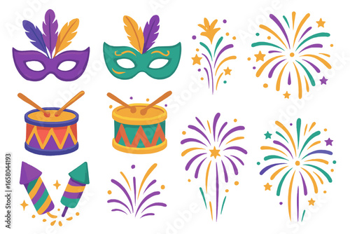 Set of colorful carnival celebration icons. Festive masquerade mask with feathers, drum, fireworks. Vector illustration for party, parade, Mardi Gras, festival design elements.