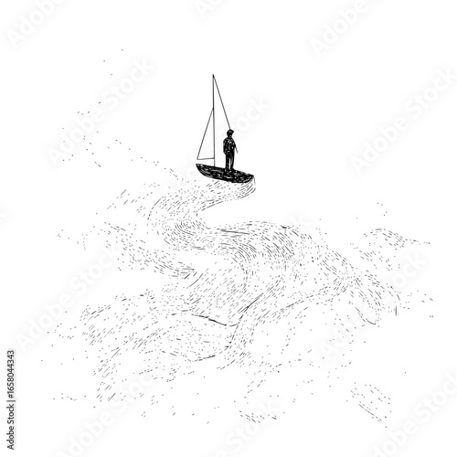 A lone sailor navigates turbulent waters in a small sailboat, a stark monochrome depiction of solitude and the sea
