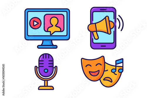 Digital media icon set. Online communication, vlogging, social media marketing, podcasting. Computer webinar, mobile promotion, audio microphone, theater masks. Vector.