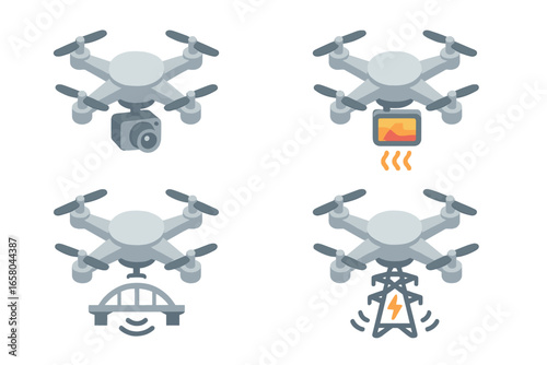 Drone inspection icon set. Isometric flat icons of quadcopters for infrastructure surveillance. Includes camera, thermal imaging, bridge and power line pylon inspection vector.