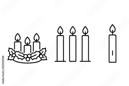 Advent wreath and Christmas candle outline icon set. Traditional Christian holiday symbols. Vector illustration of four candles, first Sunday of Advent, holly decoration.