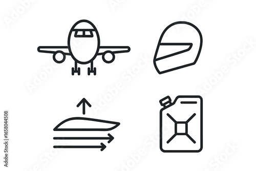 Aerospace aviation line icon set. Includes airplane, pilot helmet, aerodynamic lift diagram, and fuel canister. Outline vector symbols for transport and industry concepts.