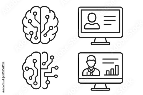 AI in healthcare icon set. Artificial intelligence brain with circuits and patient electronic health record (EHR) screen. Clinical decision support technology vector.