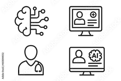 AI in healthcare icon set. Clinical decision support system with AI brain, doctor, and patient electronic health record (EHR) screen. Medical technology outline vector.