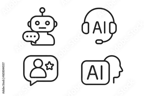 AI customer service outline icon set. Chatbot, virtual assistant, headset support, user rating, and AI head pictogram. Vector illustration for tech support and automation.