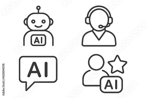 AI customer service icon set. Artificial intelligence concepts for business support. Vector collection of chatbot robot, call center agent, AI chat, user rating feedback.