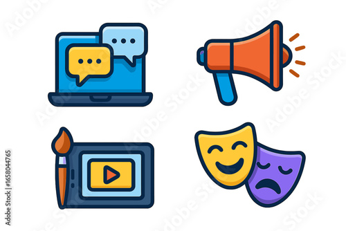 Digital media icon set. Online communication, social media marketing, content creation. Megaphone for promotion, laptop chat, video art, theater masks for performance arts.