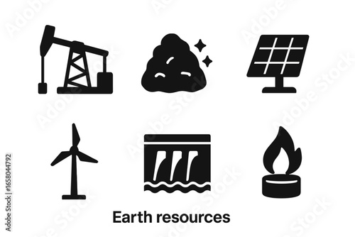 Energy resources icon set. Renewable and non-renewable power sources. Fossil fuel concepts like oil, gas, coal, and green energy: solar panel, wind turbine, and water dam.