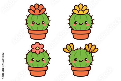 Set of cute cactus characters. Kawaii succulent plants with smiling faces and flowers in pots. Vector cartoon illustration collection for kids, stickers, home decor, gardening.