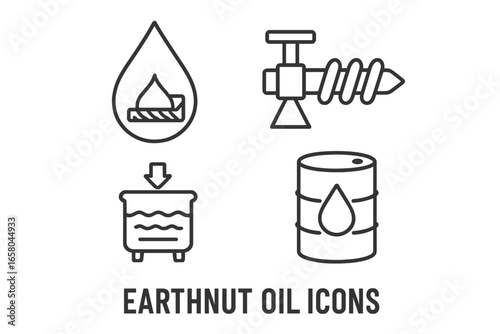 Earthnut oil production outline icons. Peanut oil manufacturing process. Set of vector symbols for cold pressed oil drop, expeller screw, filtration unit, and storage drum.