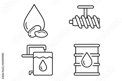 Earthnut oil production icon set. Peanut oil extraction process. Cold press method with expeller screw, filtration unit, storage drum. Food industry vector outline icons.
