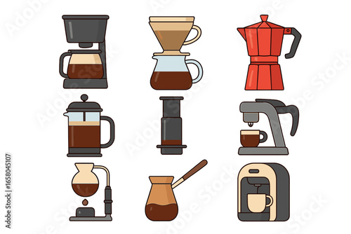 Coffee brewing methods vector icon set. Collection of various coffee makers and equipment like moka pot, french press, pour over, drip, espresso machine, cezve, and siphon.