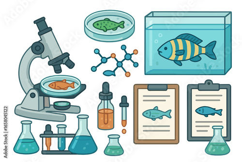 Fish research icon set. Marine biology, ichthyology laboratory equipment. Science experiment with microscope, aquarium, petri dish. Veterinary, genetics, aquaculture concept vector.