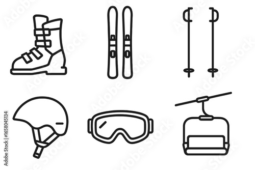 Alpine skiing equipment and winter sports icon set. Vector line art collection with ski boots, skis, poles, helmet, goggles and a ski lift chair. Isolated objects graphic.