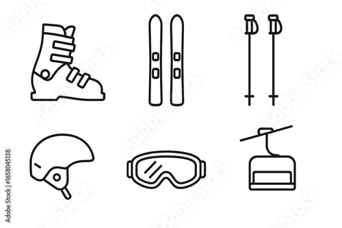 Alpine skiing winter sports equipment icon set. Vector outline illustration of ski boot, skis, poles, helmet, goggles and ski lift chair for winter activities.
