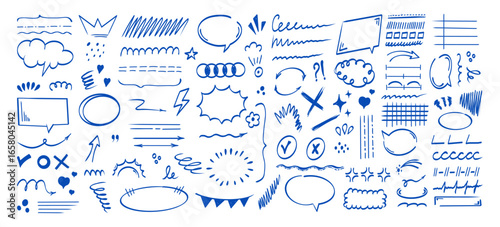 Hand drawn line brush scribble doodle set. Speech bubble, cloud, arrow, star, heart, thunderbolt, underline emphasis line shape. Vector illustration isolated on transparent background.