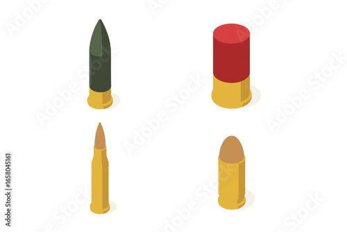 Ammunition isometric icon set. Vector collection of different ammo types: artillery shell, shotgun shell, rifle cartridge, and pistol bullet. Military firearm and weapon concept.