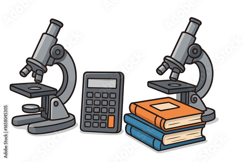 Science and education concept with microscopes, calculator, and books. Back to school supplies for biology or chemistry class. Vector cartoon illustration of research items.