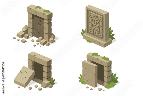 Isometric Vector Set of Ancient Ruins, Stone Doorways, Crumbling Passage Entrances, Secret Portal, Mysterious Carved Glyph Panels, Hidden Temple Relics, Archaeological Architecture Icons