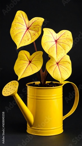 Yellow watering can with vibrant plant