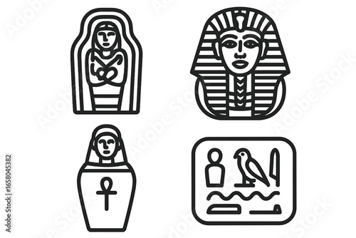 Ancient Egyptian Tomb Artifacts Outline Icon Set. Sarcophagus, Pharaoh Mask, Canopic Jar, Hieroglyph Tablet. Burial Symbols, Archeology, History, Monuments, Vector Illustration