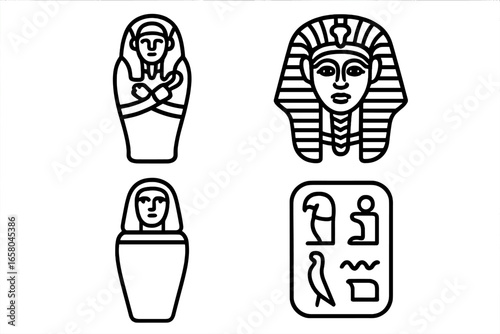 Ancient Egypt artifacts line icon set. Vector symbols of pharaoh tomb. Sarcophagus, Tutankhamun death mask, canopic jar, hieroglyph tablet. Egyptian history and archeology.