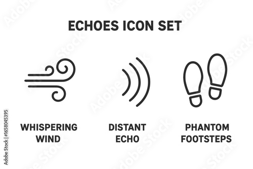 Echoes icon set. Outline icons of whispering wind, sound waves, and phantom footsteps. Abstract vector symbols for memory, absence, and distant sounds. Minimalist linear design.